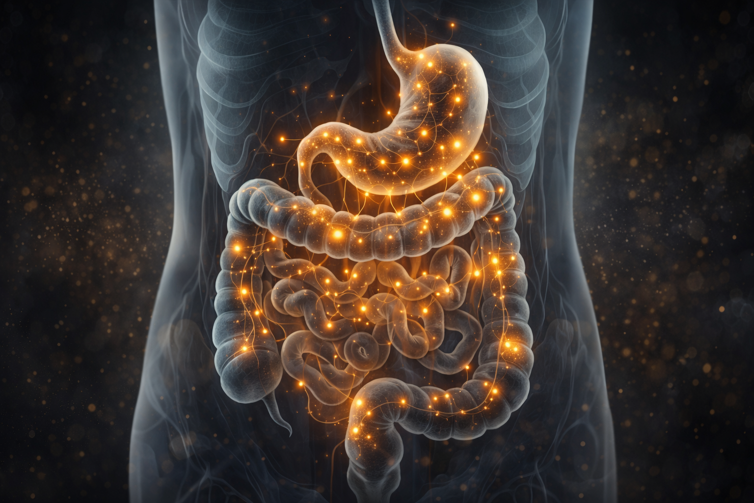 Anatomical illustration of the digestive system with endocannabinoid receptors highlighted