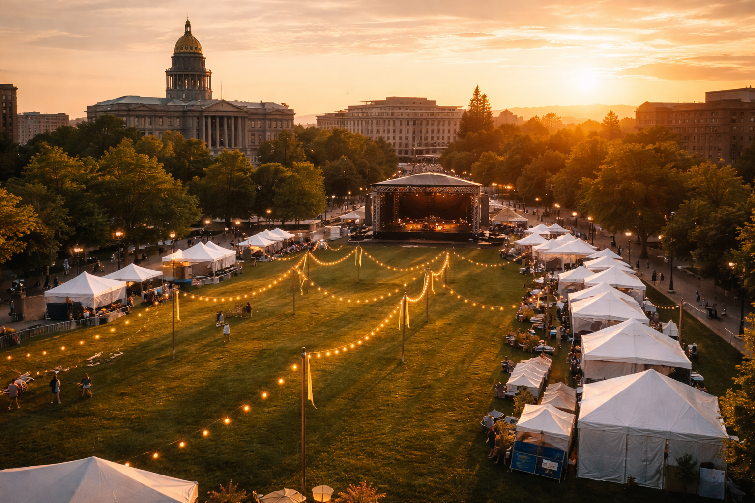 Aerial view of Denver Civic Center Park at sunset with festival stage and string lights for 420