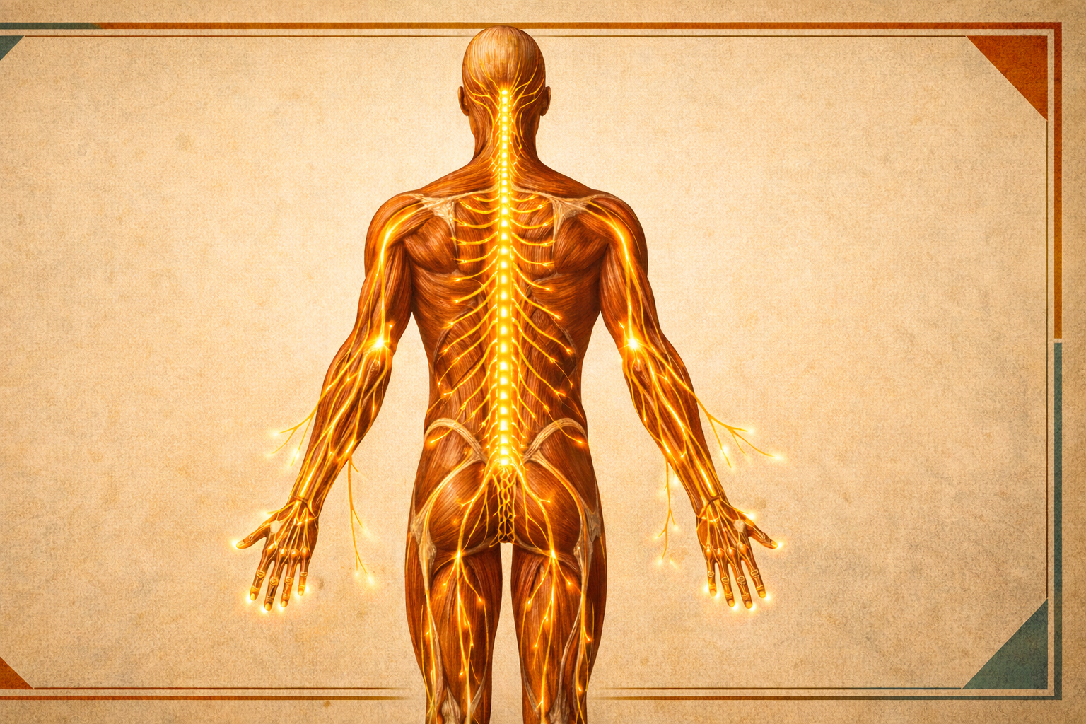 Vintage medical poster illustration of the human muscular system with highlighted neural pathways