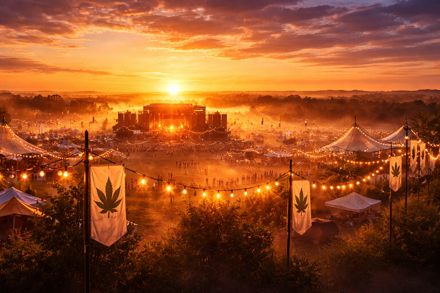 Golden sunrise over an outdoor festival park with stage lights and cannabis leaf silhouettes