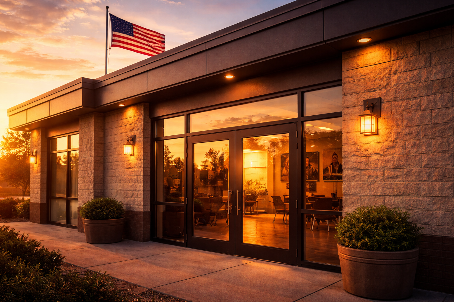 Army recruitment office exterior with American flag and updated enlistment policy signage at dawn