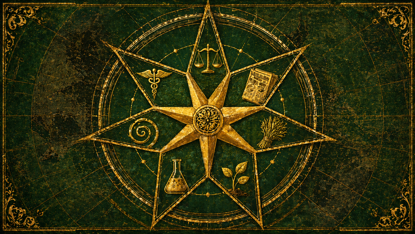 A seven-sided compass rose in gold on deep emerald green with cannabis leaf ornaments at points