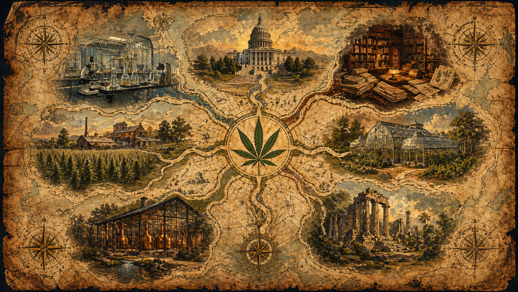 A weathered vintage map showing seven trails leading outward from a central cannabis leaf symbol