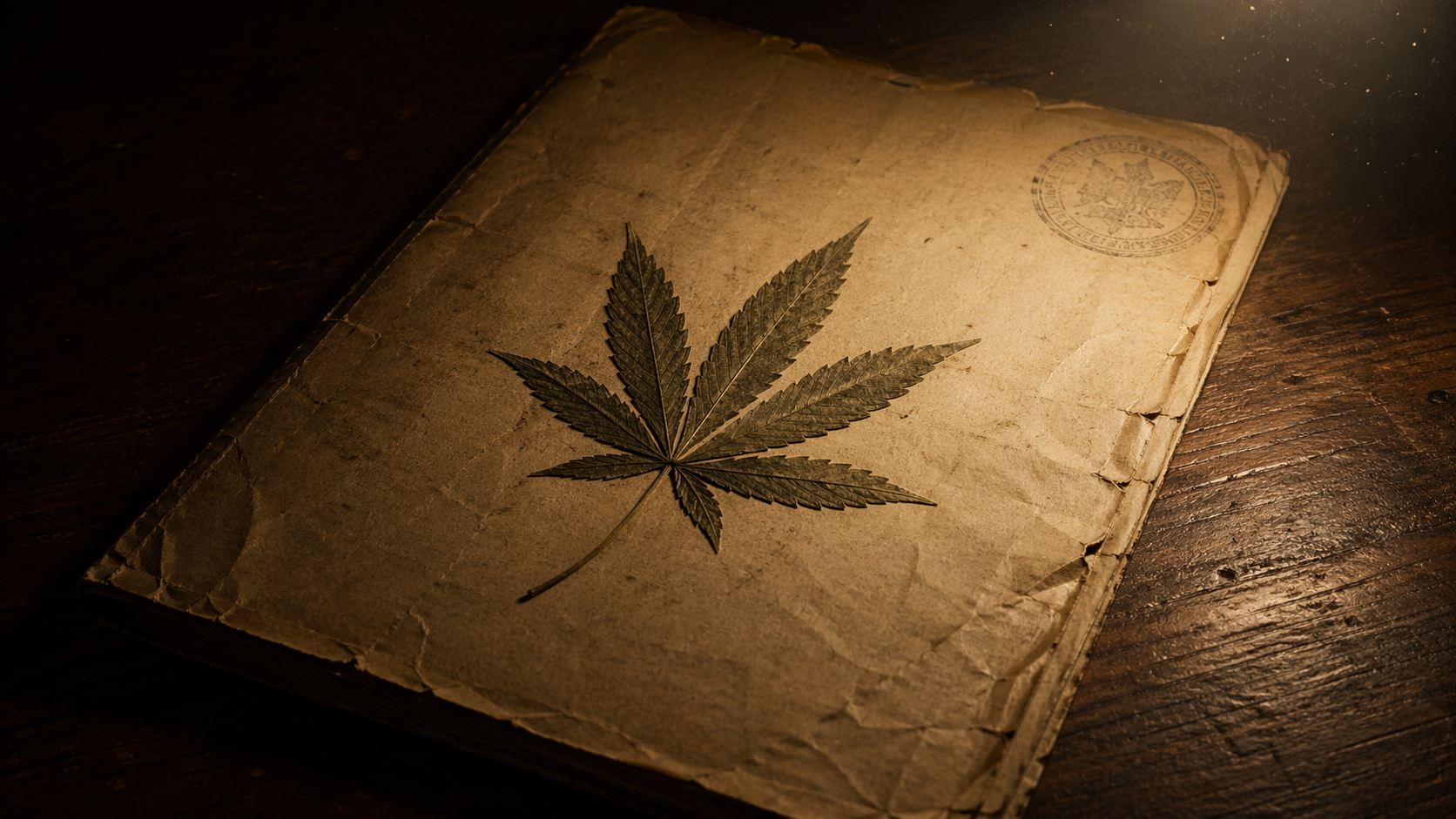 Sepia photograph of an old government document with a faded federal stamp and a cannabis leaf