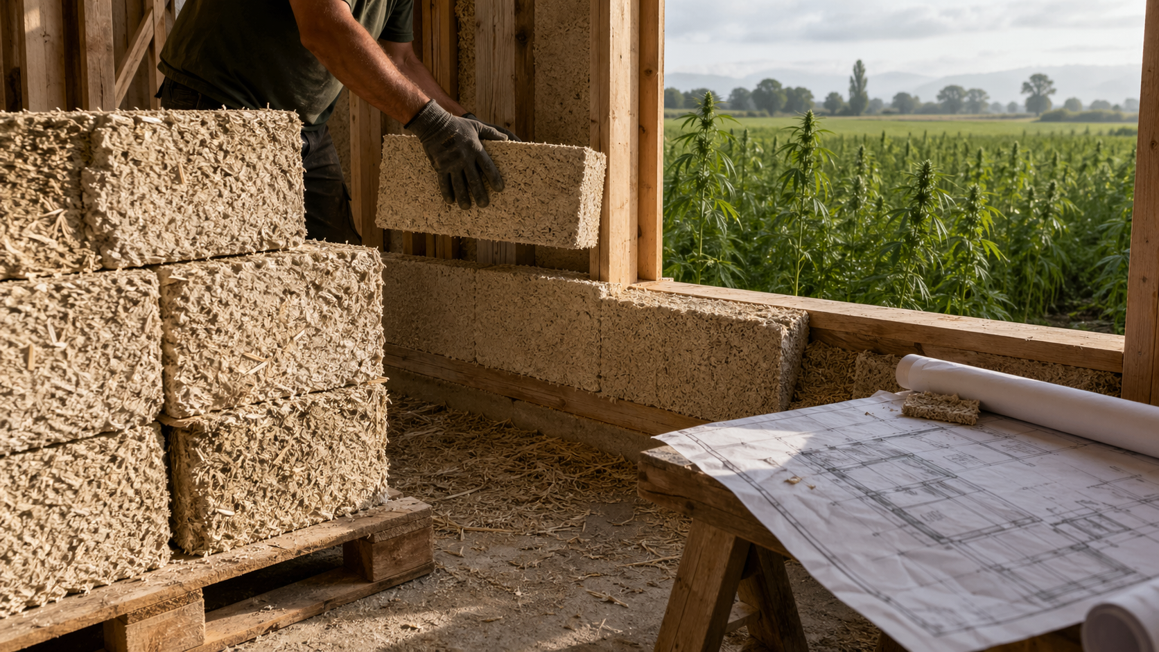 Hempcrete blocks stacked on a modern construction site with a hemp farm visible in background