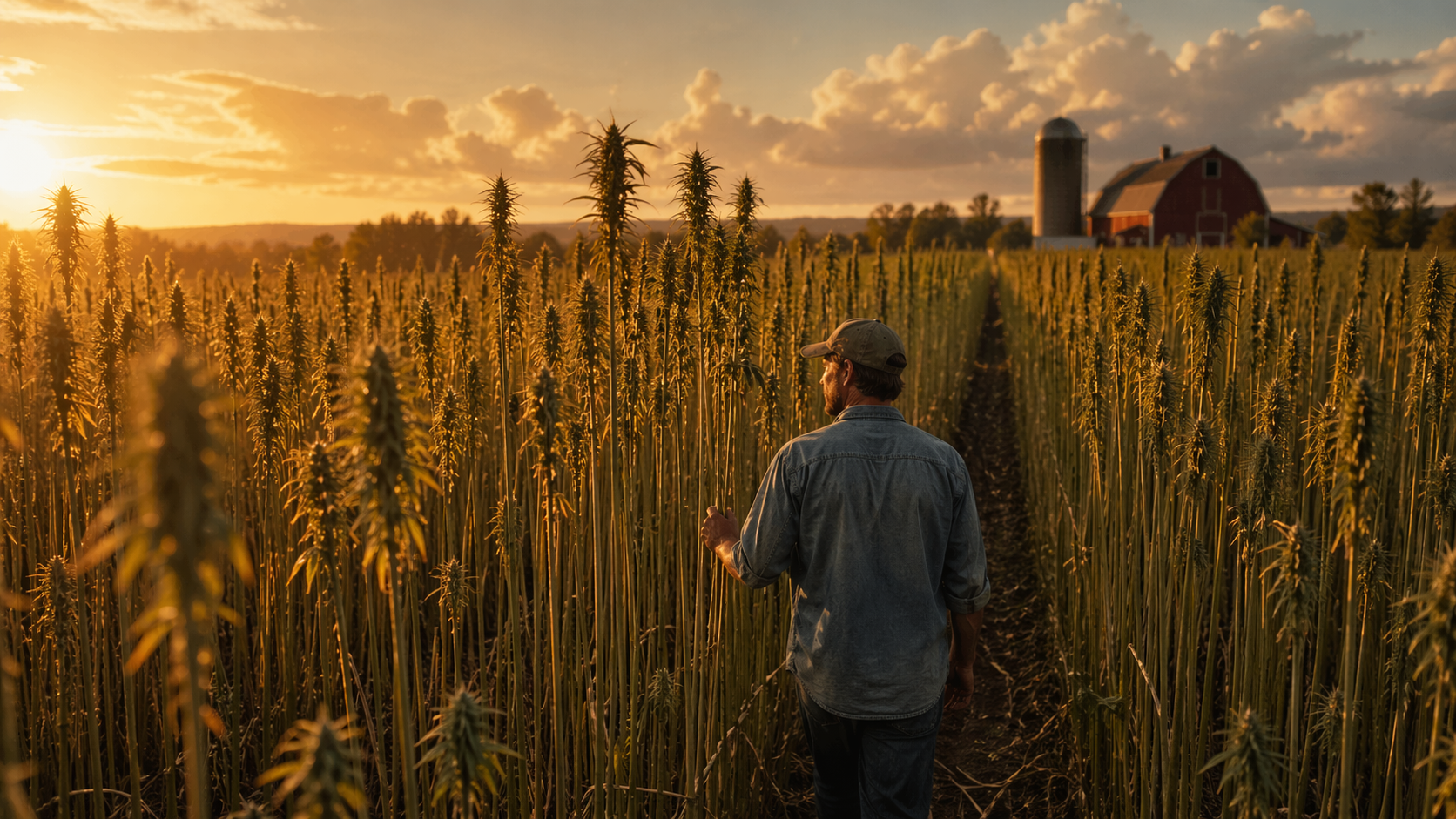 American hemp fiber farm at golden hour with tall hemp stalks rising toward documentary camera