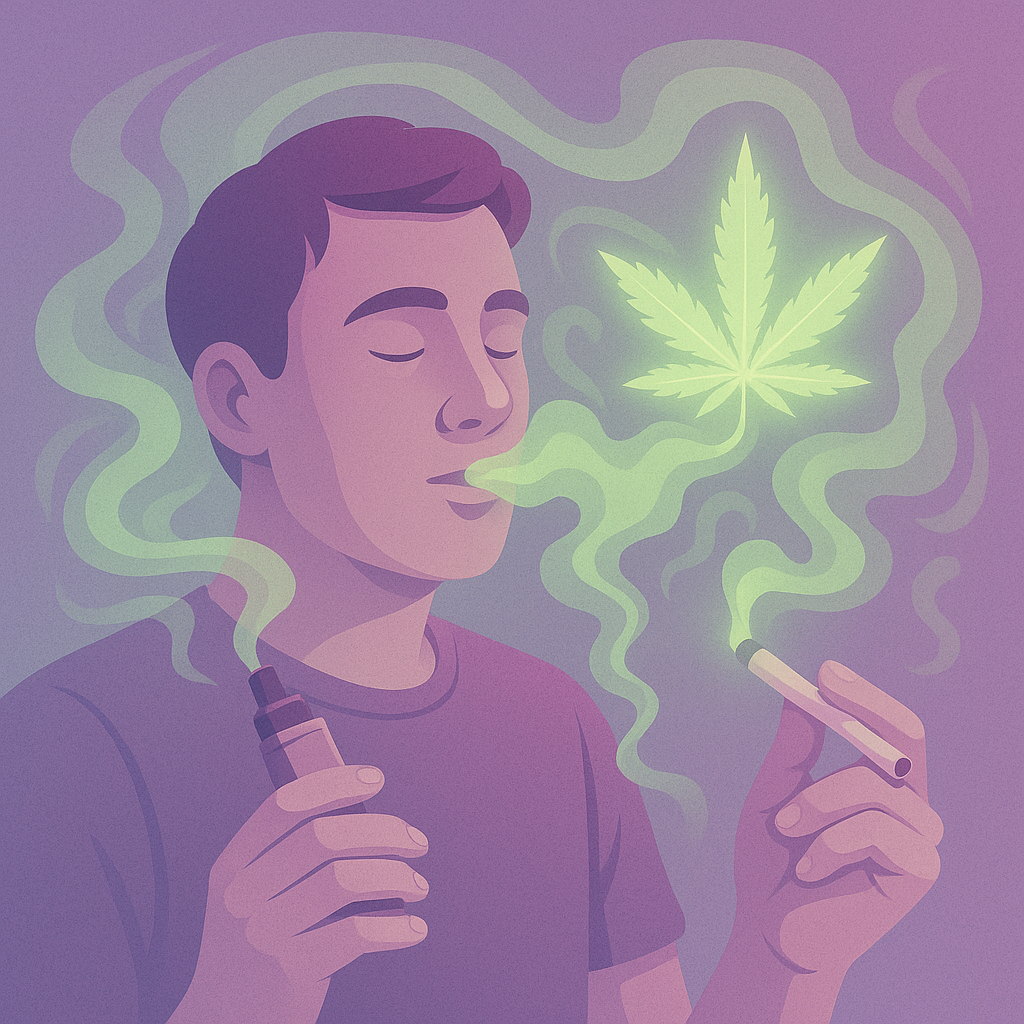 Illustration of man vaping and smoking cannabis with glowing marijuana leaf in smoke swirl