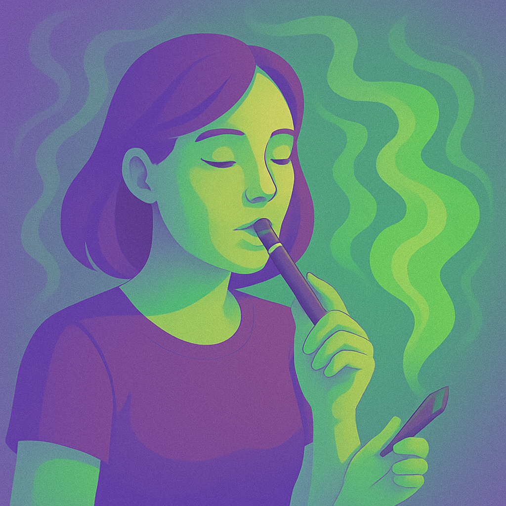 Woman vaping cannabis with closed eyes in neon green and purple background