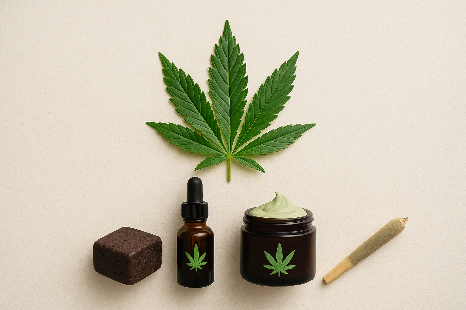 Cannabis leaf with brownie, CBD dropper, cream, and joint on beige background.