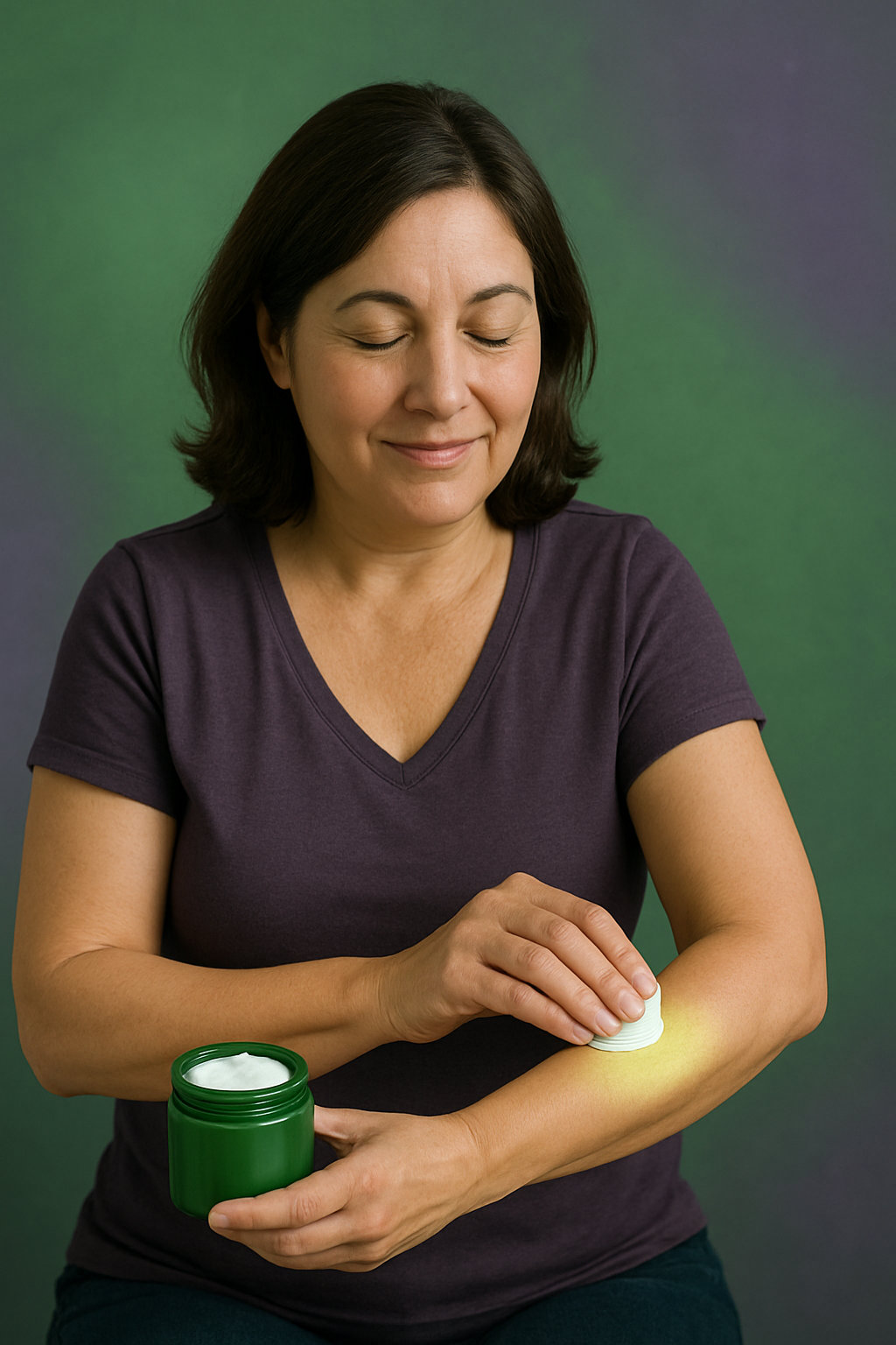 Smiling woman applying cannabis topical cream to her elbow using a cotton pad.