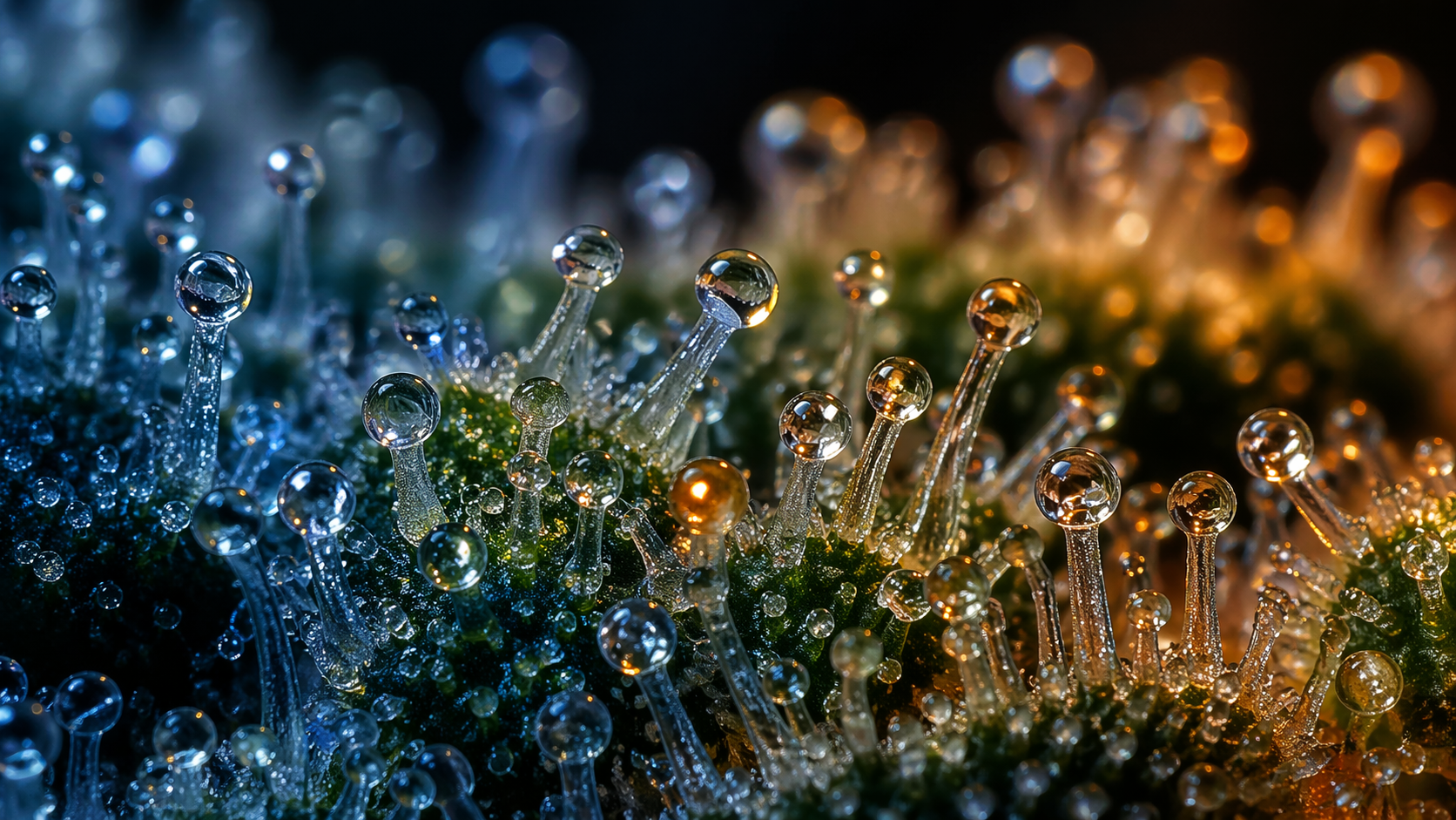 Macro lab shot of cannabis trichomes under cool light, amber terpene resin glistening on the bud 