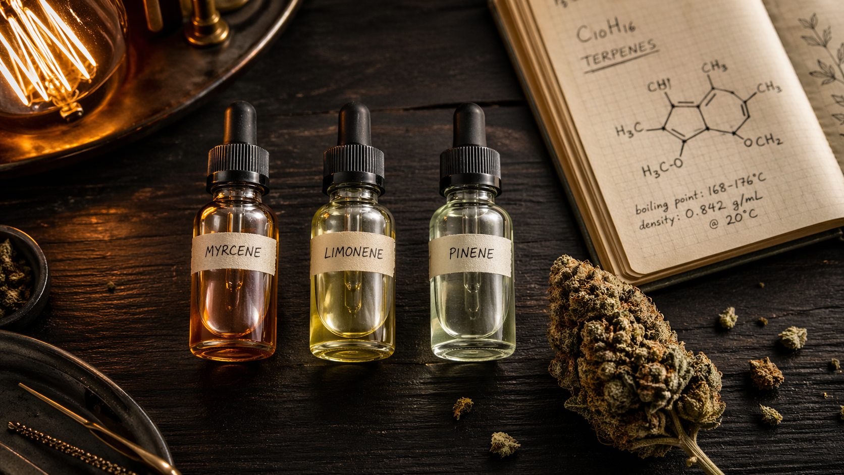 Three labeled vials of terpene oil beside a cannabis bud on a dark editorial workbench under warm light
