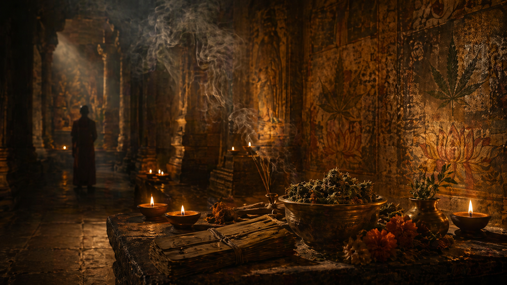 Ancient candle-lit temple with a stone altar holding dried cannabis flower and curling incense.