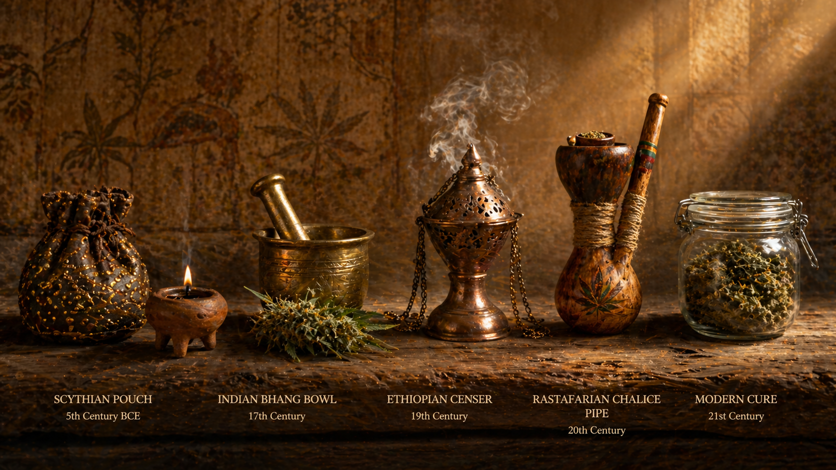 Five sacred cannabis artifacts from across history arranged on aged dark wood at golden hour.
