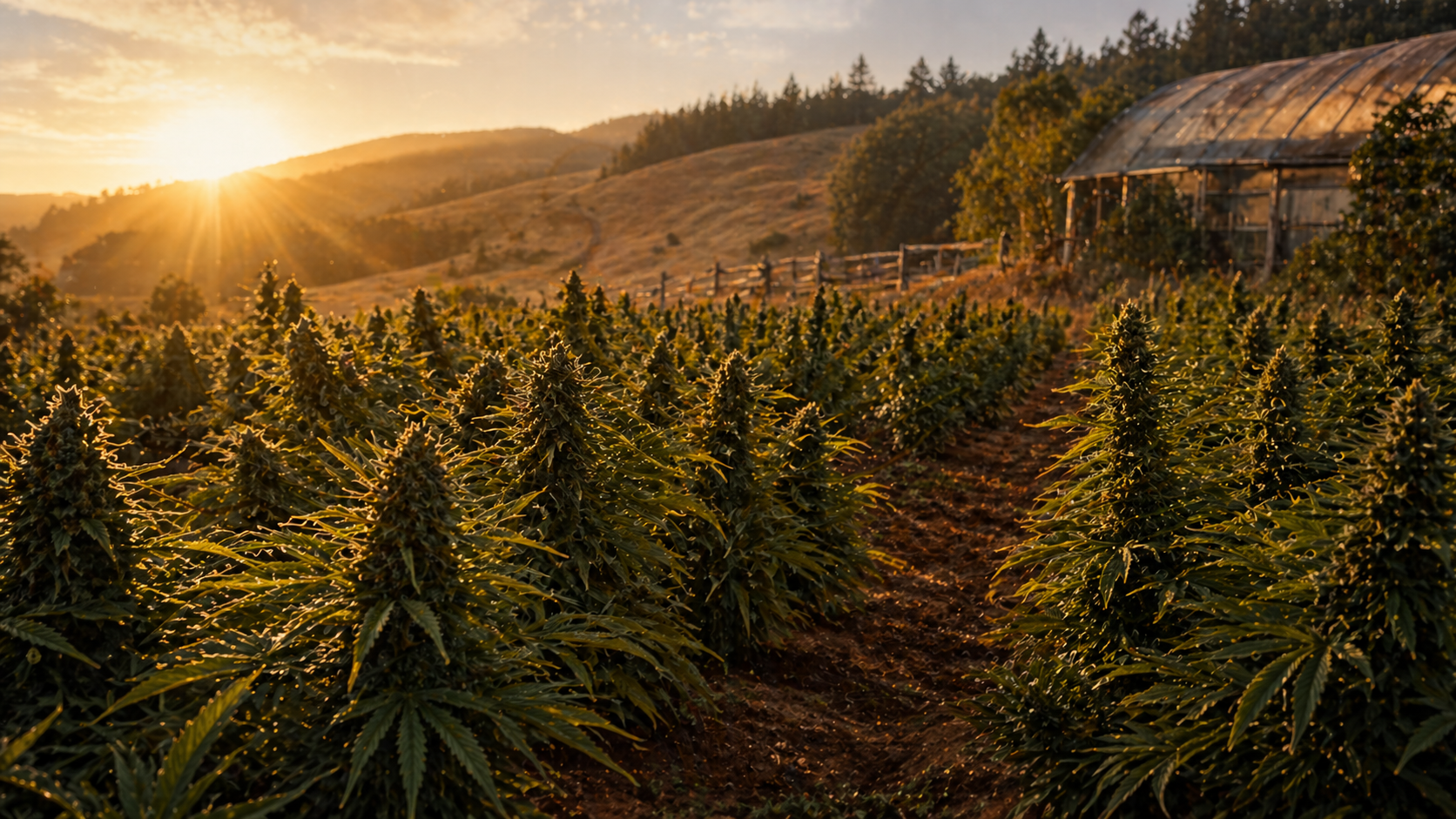 Rows of outdoor cannabis plants glowing at golden hour on a small Northern California farm.