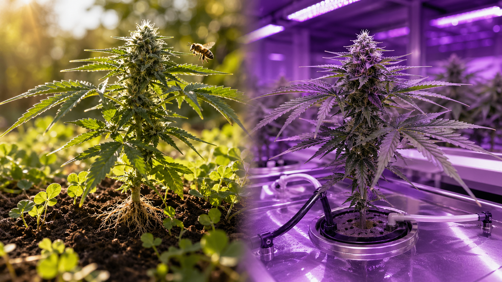 Split frame contrasting outdoor cannabis in living soil with indoor grow under purple LED light.