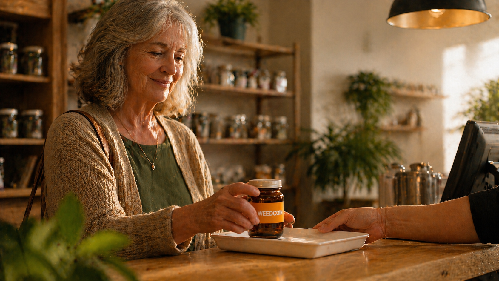 Overhead view of state medical cannabis license certificate on walnut desk under warm lamp.