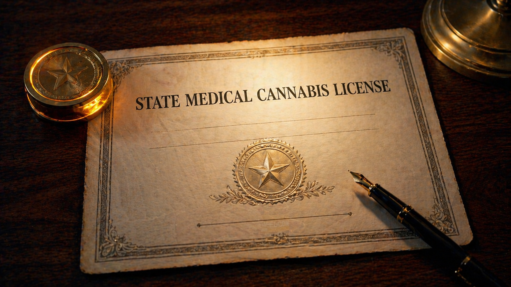 Overhead view of state medical cannabis license certificate on walnut desk under warm lamp.