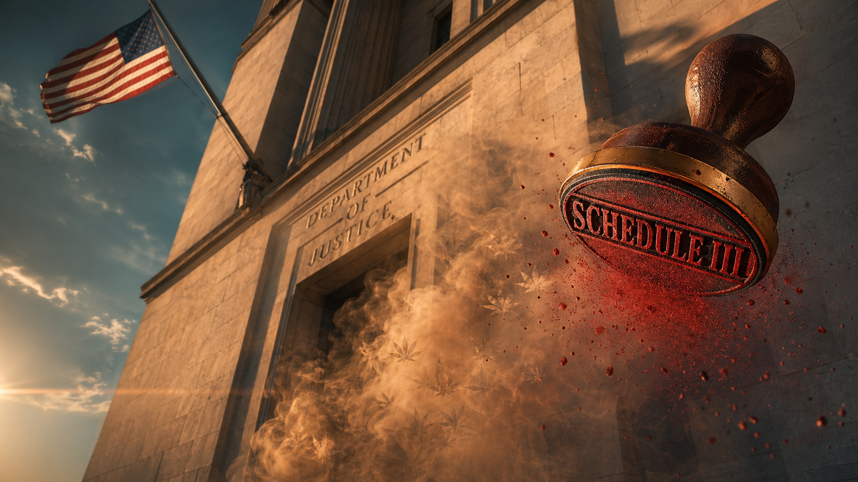 Department of Justice building at sunset with cannabis smoke and a Schedule III rubber stamp.