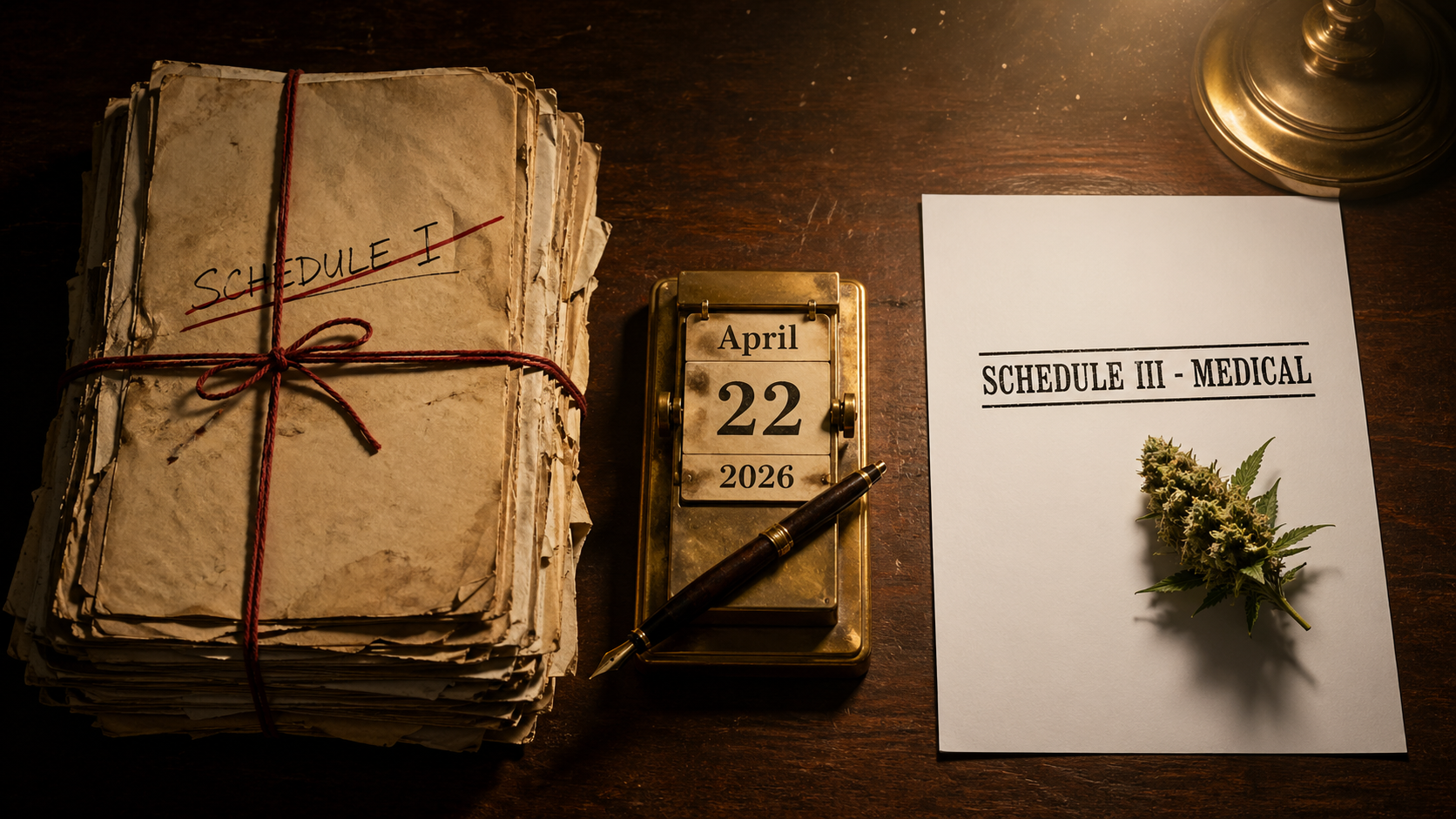 Overhead desk view comparing crossed-out Schedule I files with new Schedule III medical paper.