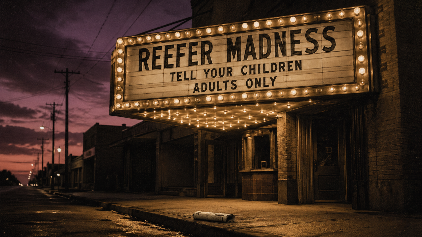 Overhead archival desk shot of 1937 Bureau of Narcotics folder, yellowed clippings and film reel