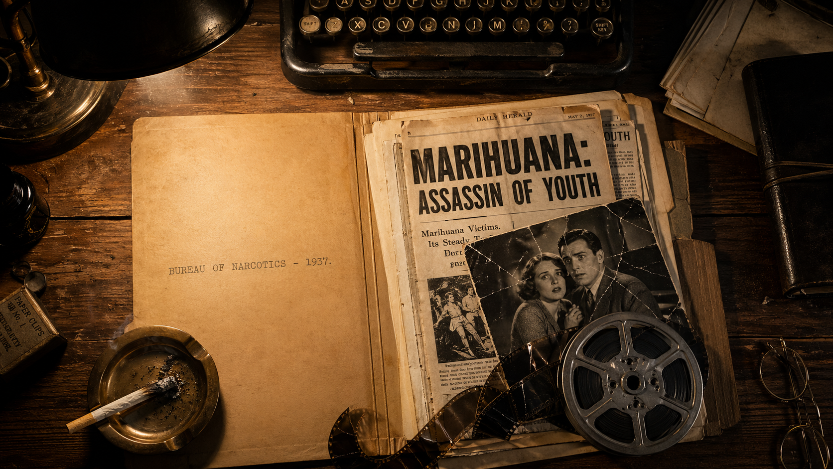 Overhead archival desk shot of 1937 Bureau of Narcotics folder, yellowed clippings and film reel