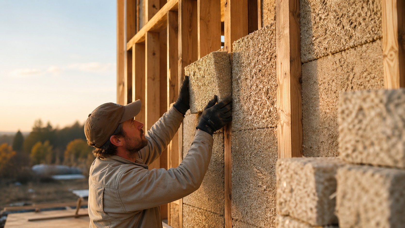 Worker placing a hemp-lime block into an exposed hempcrete wall on a golden hour build site.