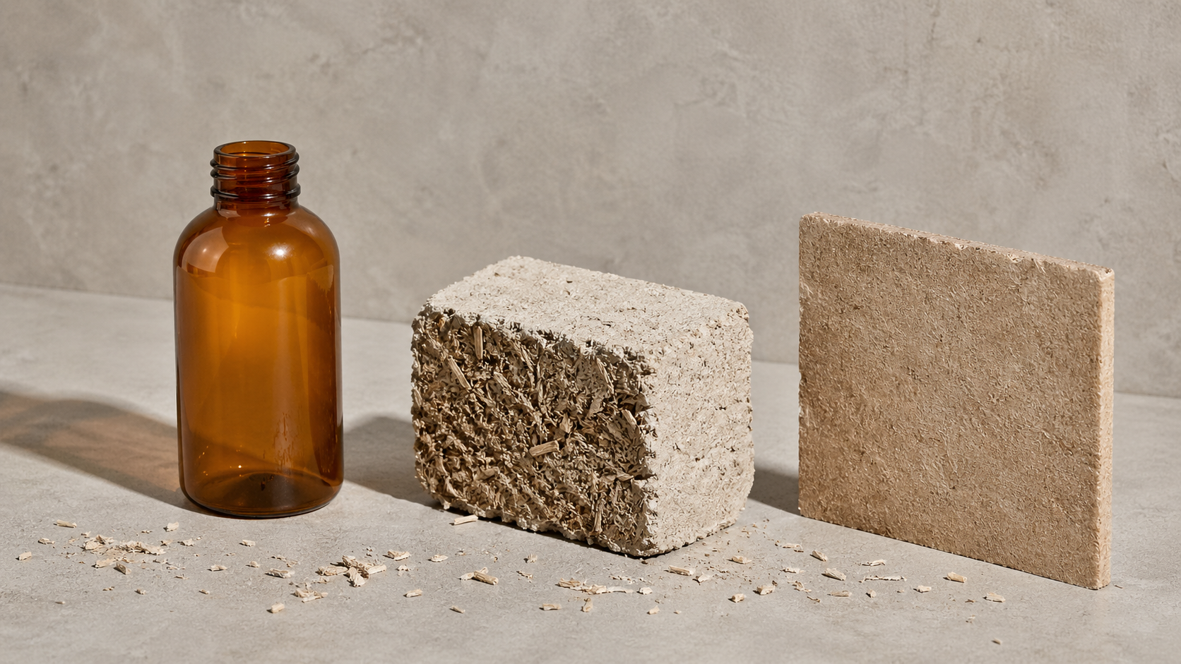 Hemp hardware lineup: amber bioplastic bottle, hempcrete chunk, and hemp fiberboard on concrete.