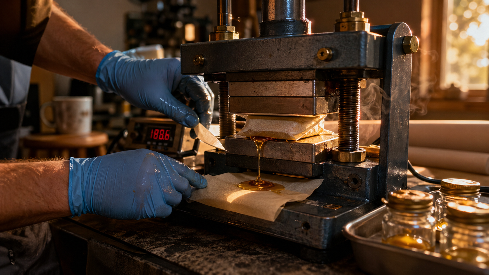 Craft hash maker pressing fresh live rosin between heated plates with steam in studio light.