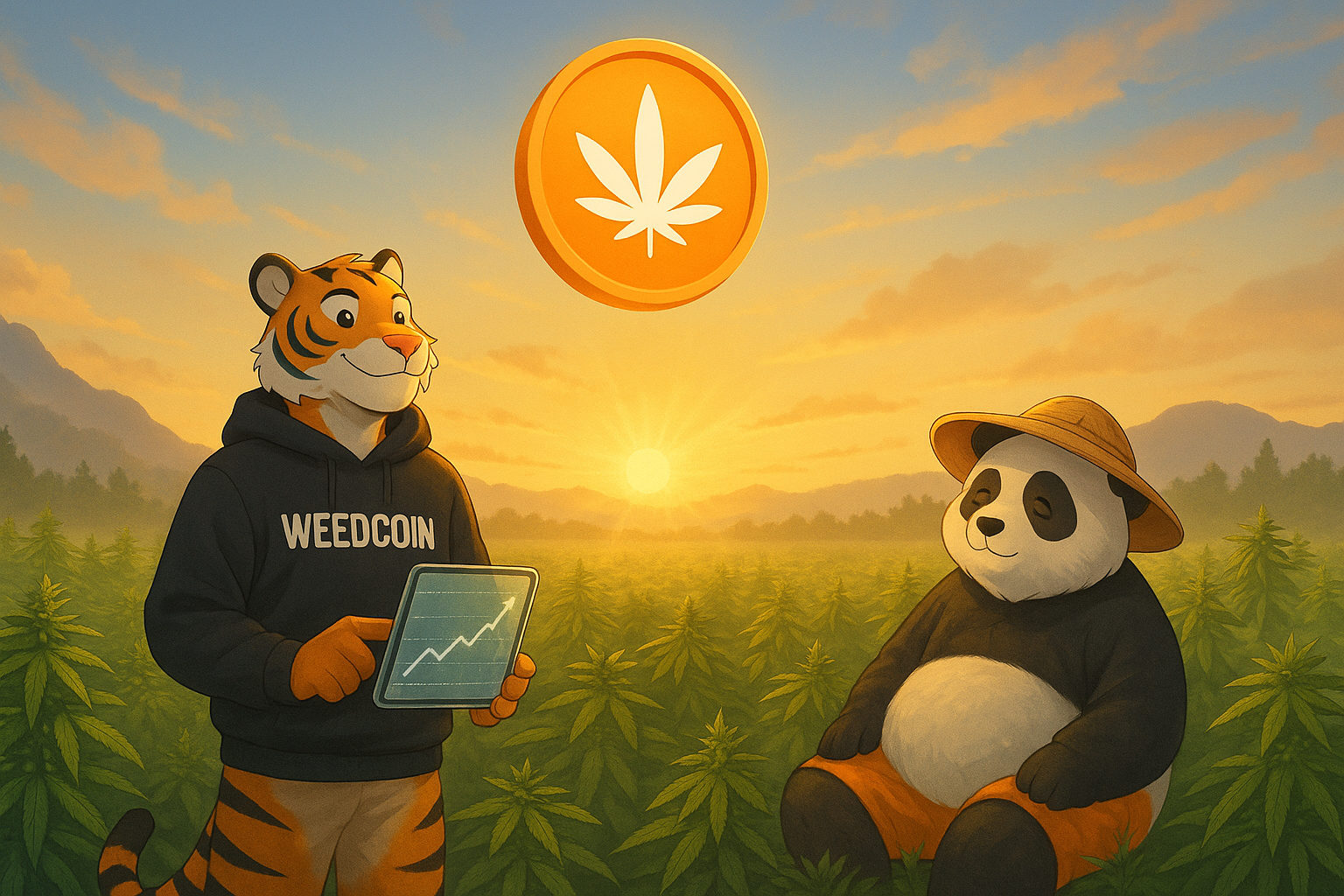 Wiz the Tiger and Haze the Panda stand in a cannabis field at sunrise, gazing at a Weedcoin Token