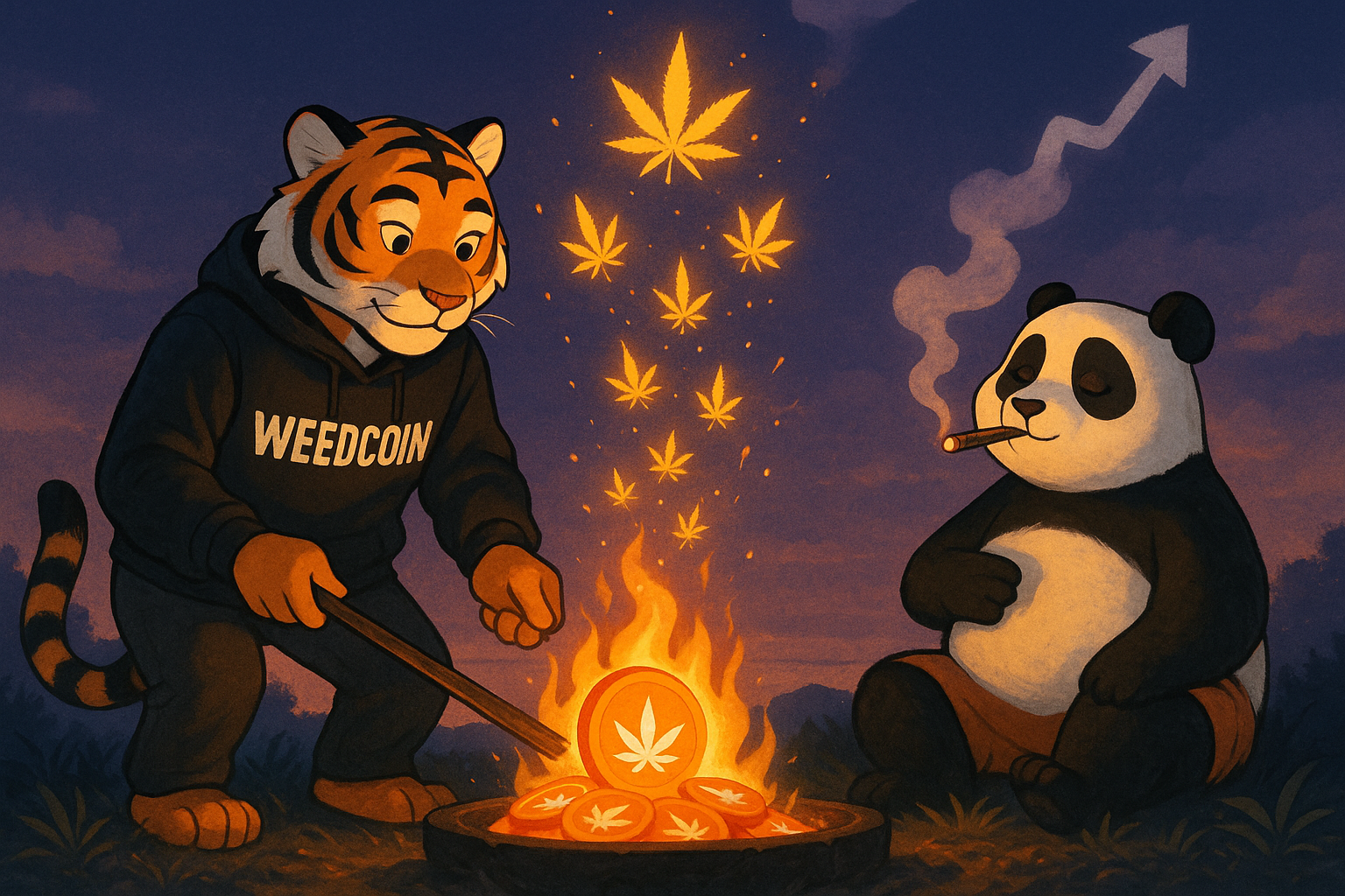 Wiz the Tiger burns Weedcoin tokens in a fire pit, while Haze the Panda exhales smoke shaped like a rising price chart.