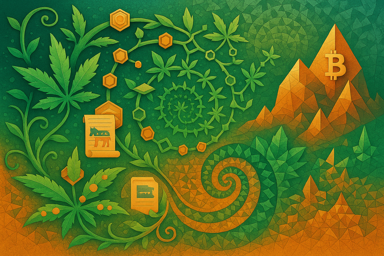 Fractal botany timeline of 2025 crypto and cannabis labyrinth, embodying Weedcoin’s revolutionary, peaceful cultural growth