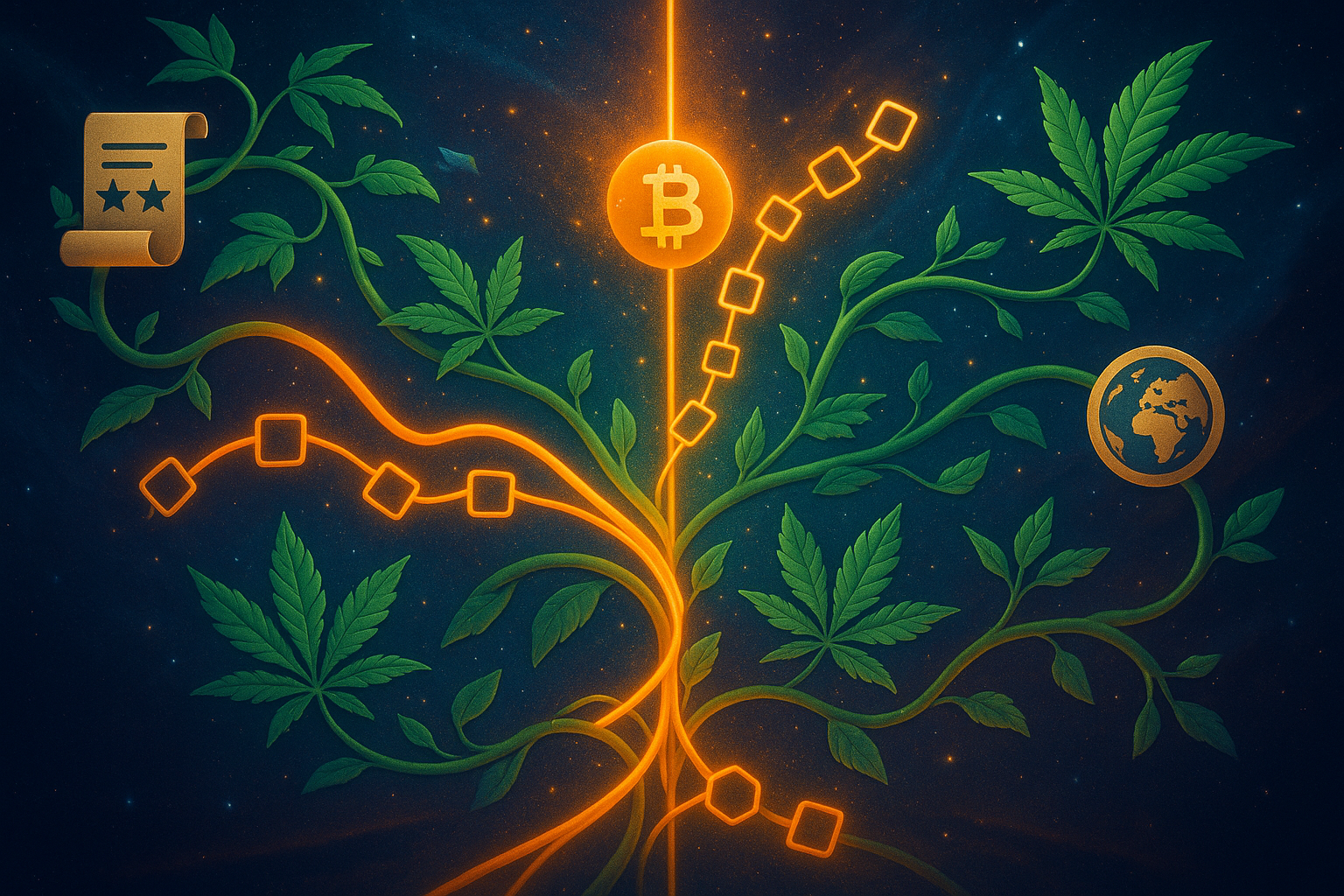 Ethereal crossroads of crypto surges and cannabis policies in data-weaving abstraction, symbolizing 