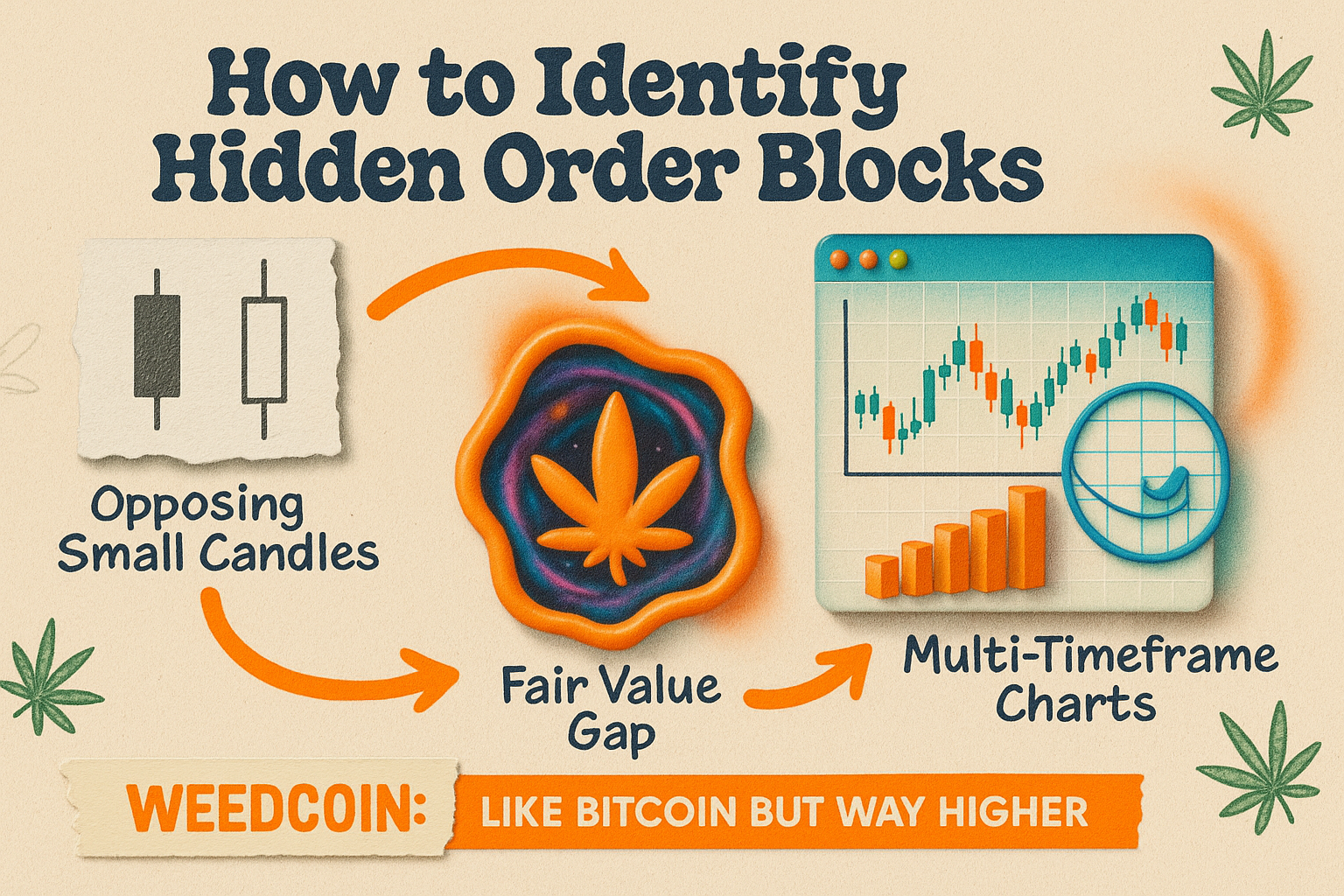 Digital scrapbooking collage with 3D flowchart of Hidden Order Blocks steps, charts, Fibonacci, and Weedcoin branding in airbrush surrealism style for crypto guide