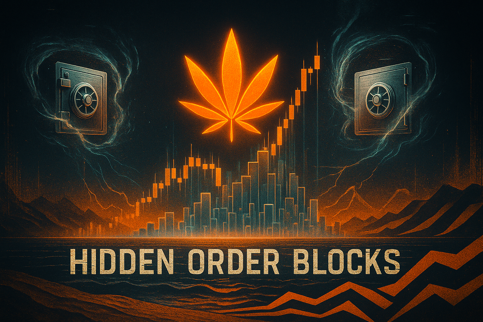 Hyperrealism illustration of crypto charts with Hidden Order Blocks as metallic vaults in Fair Value