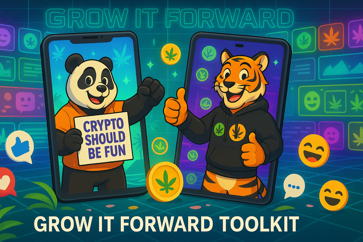Wiz and Haze appear on giant smartphone screens surrounded by memes, emojis, and Weedcoin icons.