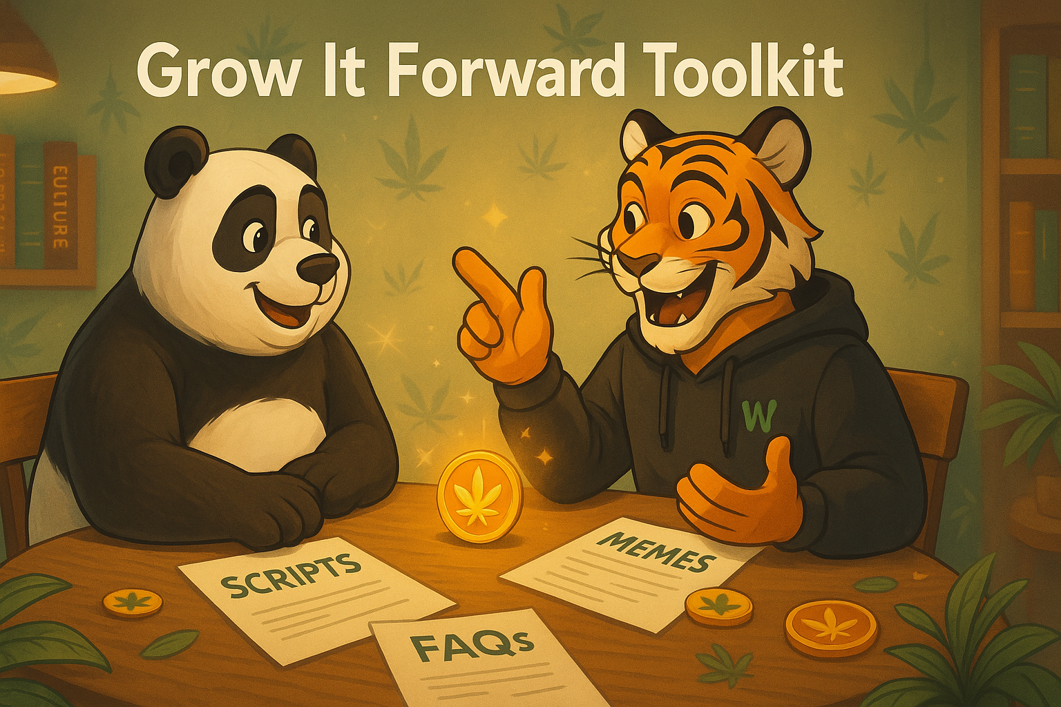 Wiz and Haze talk at a table with Weedcoin papers labeled Scripts, Memes, and FAQs in a café scene