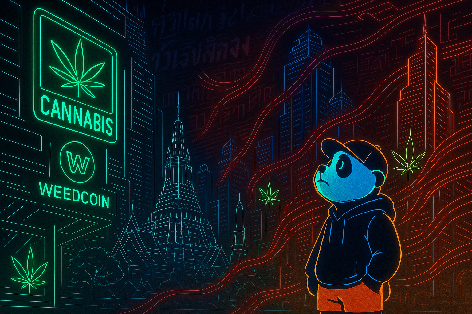 Neon skyline of Thailand with cannabis signs fading, red tape, and Haze panda reflecting uncertainty