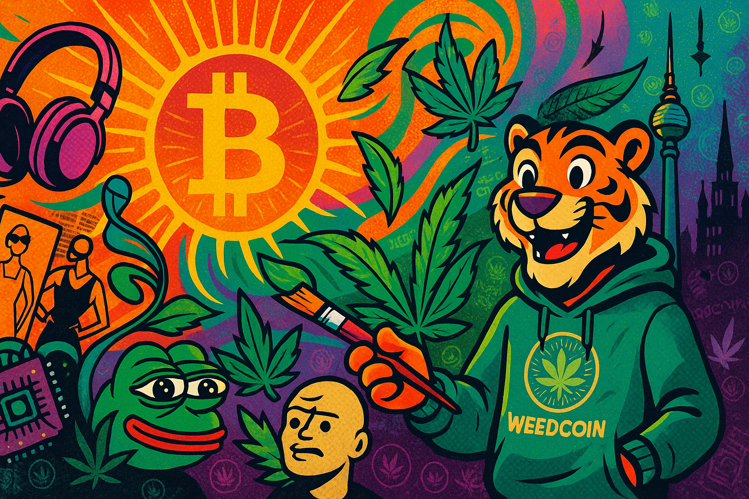 Pop-art scene of Bitcoin sun, cultural icons, cannabis leaves, and Wiz tiger painting crypto symbols.