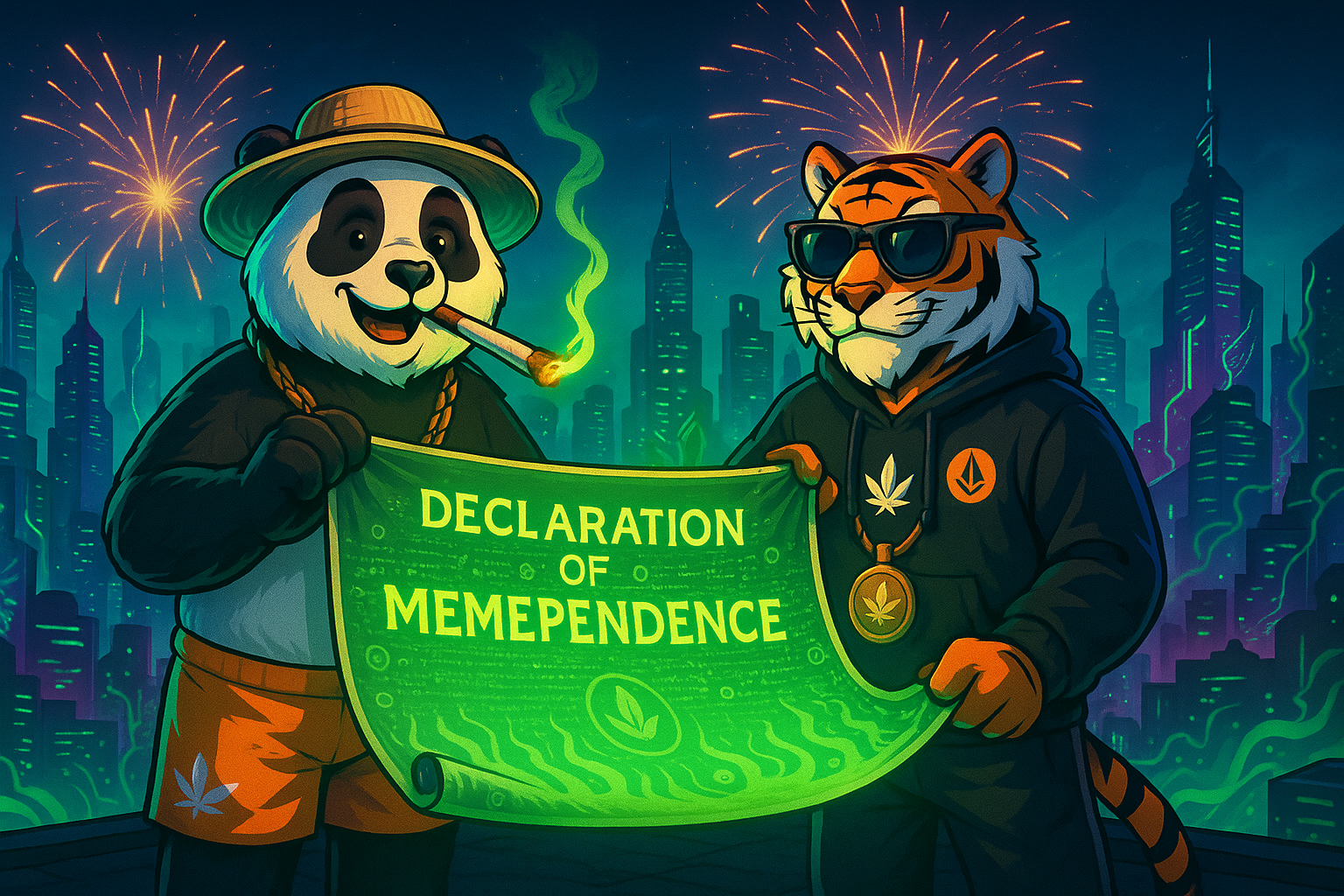 Haze and Wiz hold a glowing scroll reading ‘Declaration of Memependence’ on a neon city rooftop.