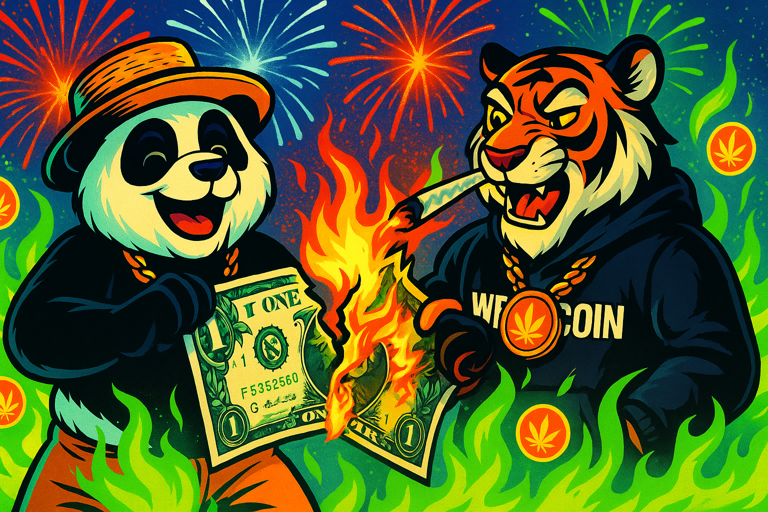 Haze tears a dollar while Wiz lights it, flames turning into Weedcoin tokens amid fireworks.