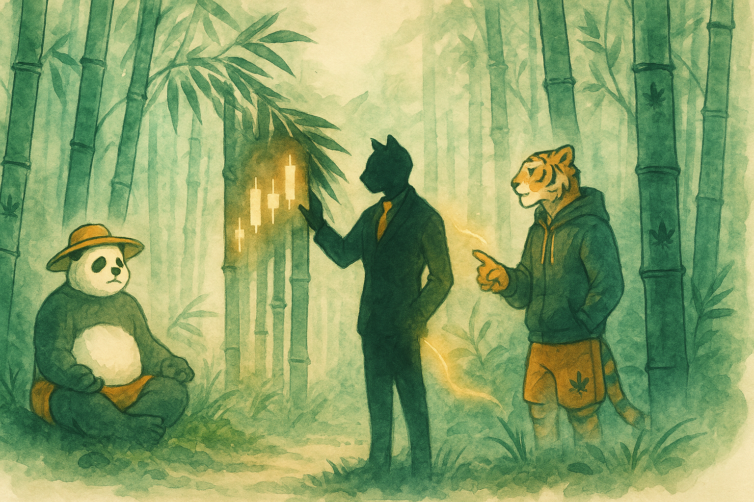 Strive reveals glowing chart in bamboo while Haze and Wiz radiate patience in a serene forest.