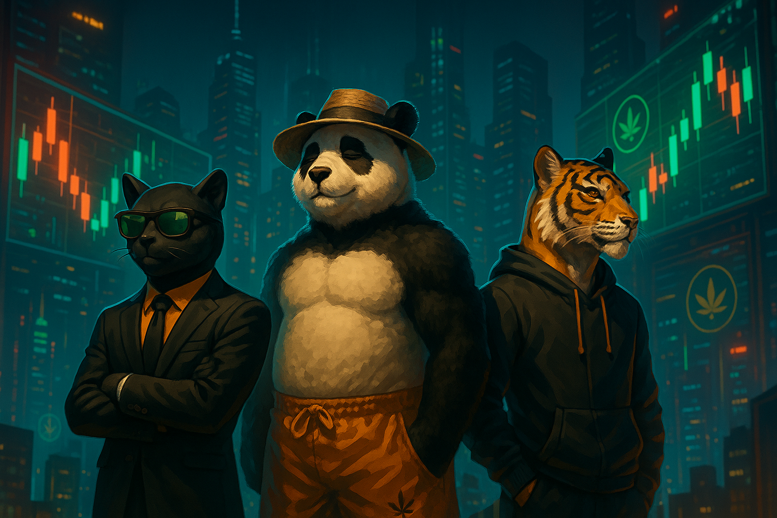 Strive, Haze, and Wiz stand calm among glowing charts, symbolizing patience amid crypto chaos.