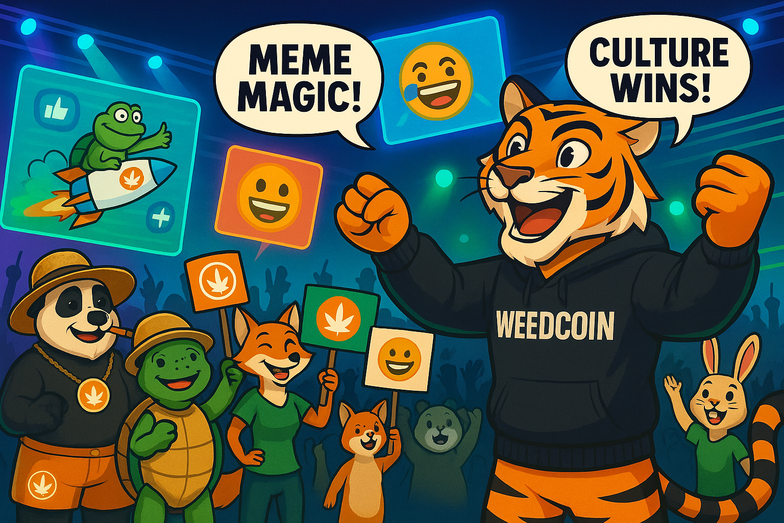 Wiz the Tiger leads a roaring crowd, animals hold Weedcoin signs, memes float above, symbolizing cultural power.
