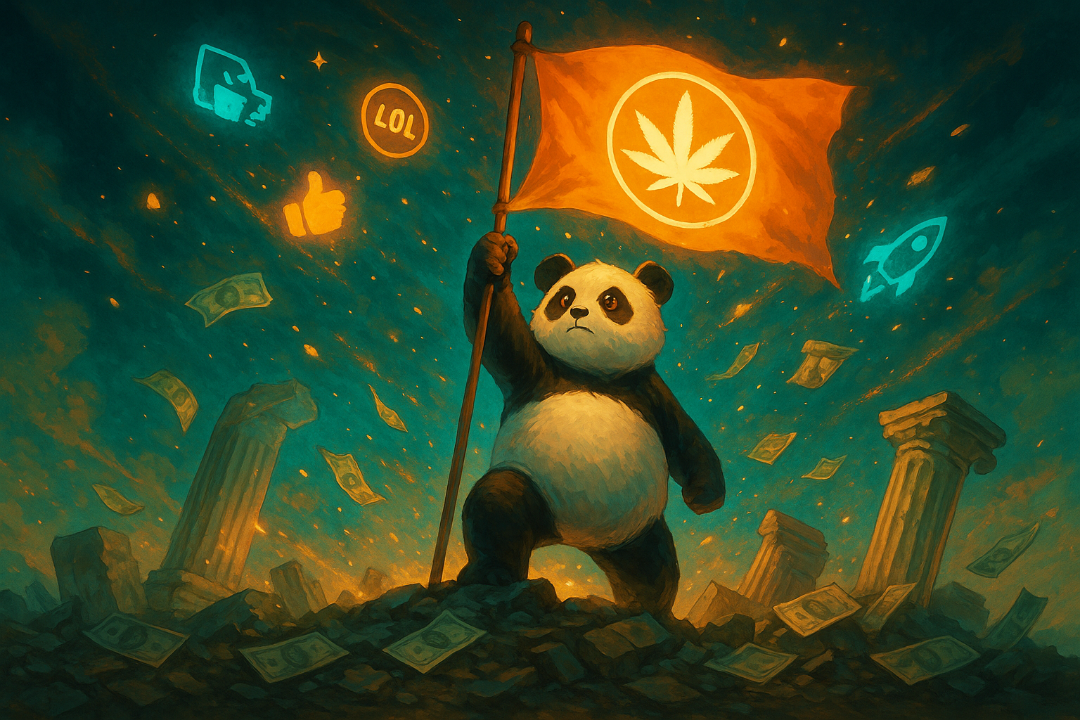 Haze the Panda waves a glowing Weedcoin flag among ruins, memes swirl as cash falls, crypto freedom