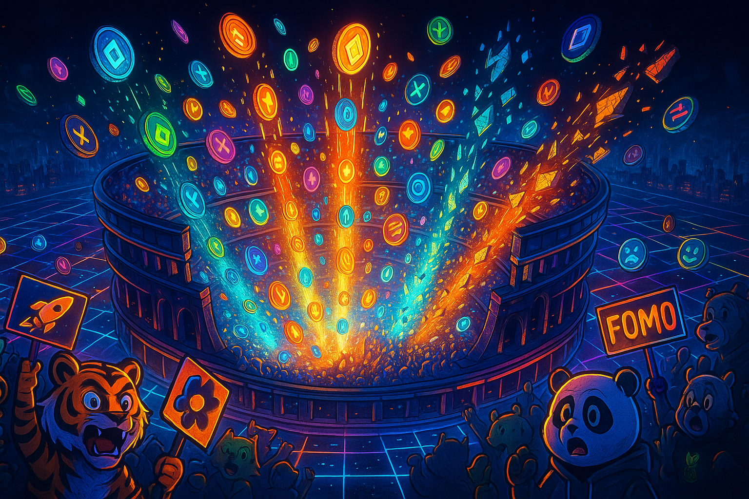 A neon arena on Solana’s blockchain where digital coins rise and fall amid a crowd of meme traders.