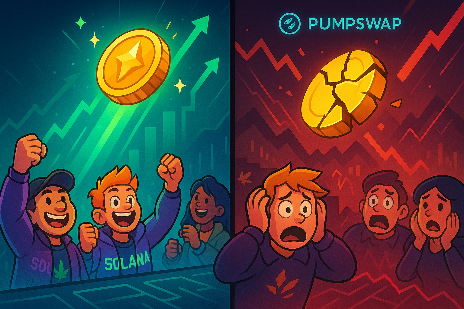 Split image of tokens pumping upward and crashing downward, showing volatility in Solana’s token arena.