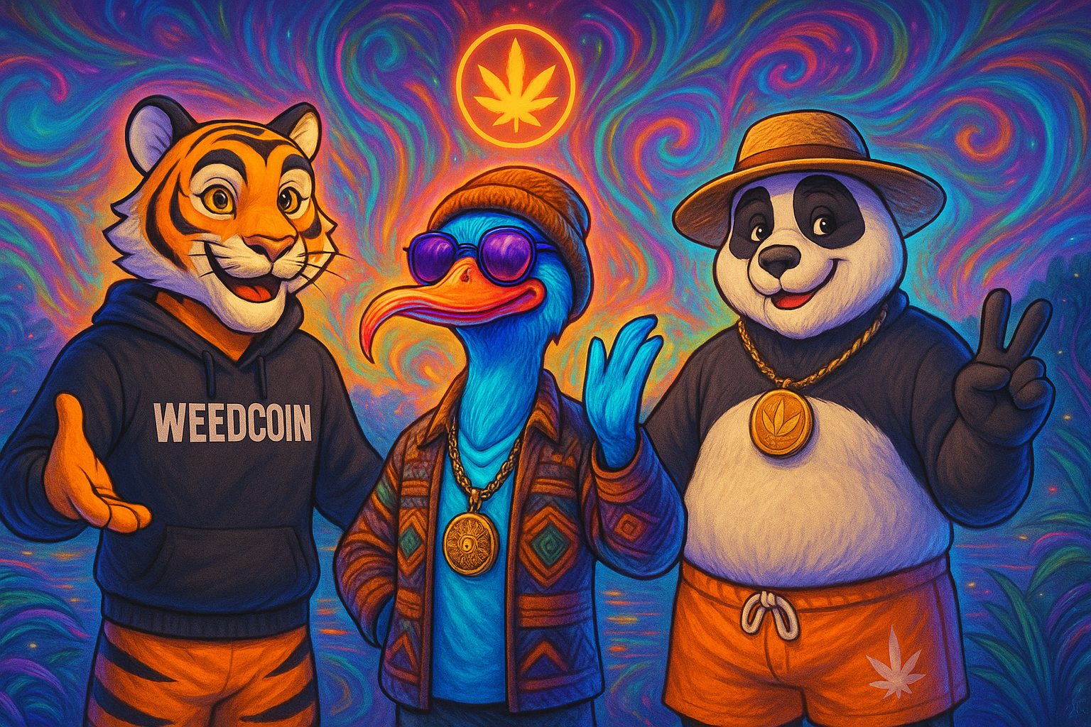 Wiz, Haze, and Quakk’s duck pose in a neon psychedelic landscape, radiating unity and crypto energy