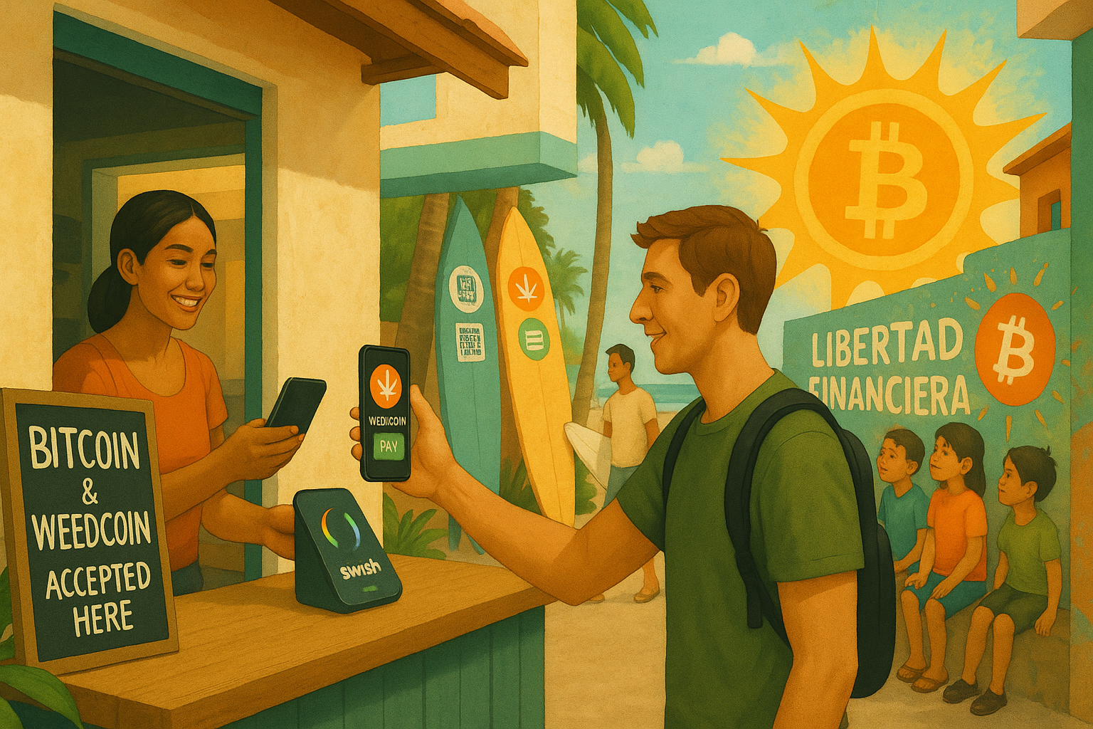 El Salvador street vendor accepting Bitcoin and WeedCoin near mural that says Financial Freedom