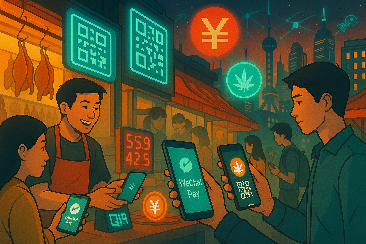 Shanghai street scene with mobile payments and QR codes blending digital yuan and WeedCoin